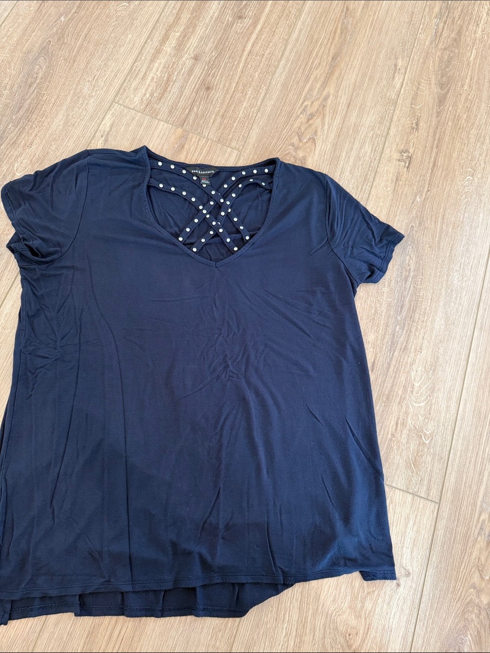 Rock & Republic Navy Short Sleeve V-Neck Top with Studded Crisscross